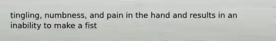 tingling, numbness, and pain in the hand and results in an inability to make a fist