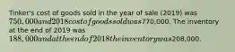 Tinker's cost of goods sold in the year of sale (2019) was 750,000 and 2018 cost of goods sold was770,000. The inventory at the end of 2019 was 188,000 and at the end of 2018 the inventory was208,000.