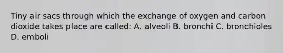 Tiny air sacs through which the exchange of oxygen and carbon dioxide takes place are called: A. alveoli B. bronchi C. bronchioles D. emboli