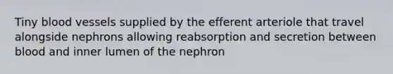 Tiny blood vessels supplied by the efferent arteriole that travel alongside nephrons allowing reabsorption and secretion between blood and inner lumen of the nephron