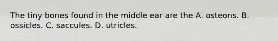 The tiny bones found in the middle ear are the A. osteons. B. ossicles. C. saccules. D. utricles.