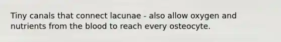 Tiny canals that connect lacunae - also allow oxygen and nutrients from the blood to reach every osteocyte.