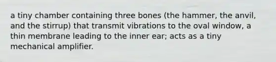 a tiny chamber containing three bones (the hammer, the anvil, and the stirrup) that transmit vibrations to the oval window, a thin membrane leading to the inner ear; acts as a tiny mechanical amplifier.