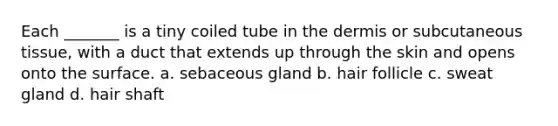 Each _______ is a tiny coiled tube in the dermis or subcutaneous tissue, with a duct that extends up through the skin and opens onto the surface. a. sebaceous gland b. hair follicle c. sweat gland d. hair shaft