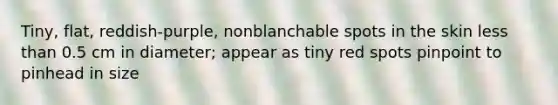 Tiny, flat, reddish-purple, nonblanchable spots in the skin <a href='https://www.questionai.com/knowledge/k7BtlYpAMX-less-than' class='anchor-knowledge'>less than</a> 0.5 cm in diameter; appear as tiny red spots pinpoint to pinhead in size