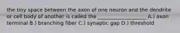 the tiny space between the axon of one neuron and the dendrite or cell body of another is called the ___________________ A.) axon terminal B.) branching fiber C.) synaptic gap D.) threshold