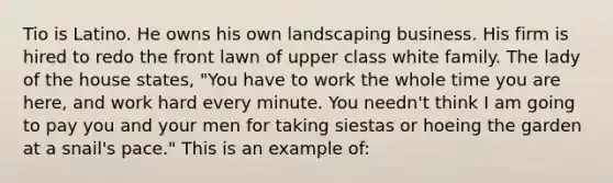 Tio is Latino. He owns his own landscaping business. His firm is hired to redo the front lawn of upper class white family. The lady of the house states, "You have to work the whole time you are here, and work hard every minute. You needn't think I am going to pay you and your men for taking siestas or hoeing the garden at a snail's pace." This is an example of: