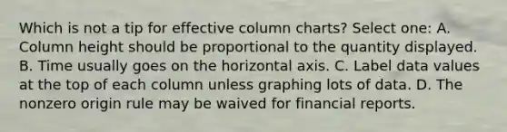 Which is not a tip for effective column charts? Select one: A. Column height should be proportional to the quantity displayed. B. Time usually goes on the horizontal axis. C. Label data values at the top of each column unless graphing lots of data. D. The nonzero origin rule may be waived for financial reports.