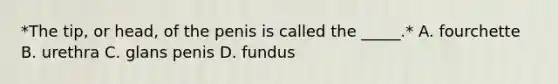 *The tip, or head, of the penis is called the _____.* A. fourchette B. urethra C. glans penis D. fundus