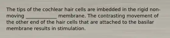 The tips of the cochlear hair cells are imbedded in the rigid non-moving _____________ membrane. The contrasting movement of the other end of the hair cells that are attached to the basilar membrane results in stimulation.