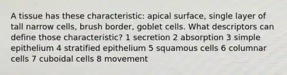 A tissue has these characteristic: apical surface, single layer of tall narrow cells, brush border, goblet cells. What descriptors can define those characteristic? 1 secretion 2 absorption 3 simple epithelium 4 stratified epithelium 5 squamous cells 6 columnar cells 7 cuboidal cells 8 movement