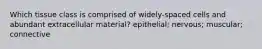 Which tissue class is comprised of widely-spaced cells and abundant extracellular material? epithelial; nervous; muscular; connective