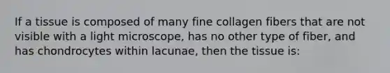 If a tissue is composed of many fine collagen fibers that are not visible with a light microscope, has no other type of fiber, and has chondrocytes within lacunae, then the tissue is: