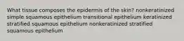 What tissue composes the epidermis of the skin? nonkeratinized simple squamous epithelium transitional epithelium keratinized stratified squamous epithelium nonkeratinized stratified squamous epithelium