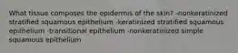 What tissue composes the epidermis of the skin? -nonkeratinized stratified squamous epithelium -keratinized stratified squamous epithelium -transitional epithelium -nonkeratinized simple squamous epithelium