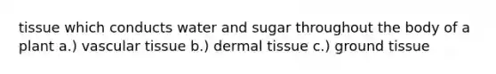 tissue which conducts water and sugar throughout the body of a plant a.) <a href='https://www.questionai.com/knowledge/k1HVFq17mo-vascular-tissue' class='anchor-knowledge'>vascular tissue</a> b.) <a href='https://www.questionai.com/knowledge/kRKdINDJId-dermal-tissue' class='anchor-knowledge'>dermal tissue</a> c.) <a href='https://www.questionai.com/knowledge/kb0kKBaH0H-ground-tissue' class='anchor-knowledge'>ground tissue</a>