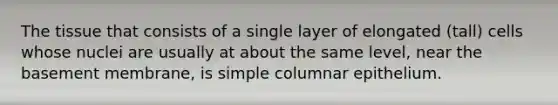 The tissue that consists of a single layer of elongated (tall) cells whose nuclei are usually at about the same level, near the basement membrane, is simple columnar epithelium.