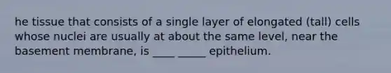 he tissue that consists of a single layer of elongated (tall) cells whose nuclei are usually at about the same level, near the basement membrane, is ____ _____ epithelium.