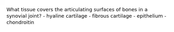 What tissue covers the articulating surfaces of bones in a synovial joint? - hyaline cartilage - fibrous cartilage - epithelium - chondroitin