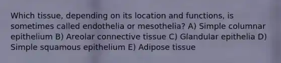 Which tissue, depending on its location and functions, is sometimes called endothelia or mesothelia? A) Simple columnar epithelium B) Areolar connective tissue C) Glandular epithelia D) Simple squamous epithelium E) Adipose tissue