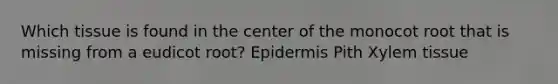 Which tissue is found in the center of the monocot root that is missing from a eudicot root? Epidermis Pith Xylem tissue