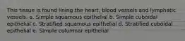 This tissue is found lining the heart, blood vessels and lymphatic vessels. a. Simple squamous epithelial b. Simple cuboidal epithelial c. Stratified squamous epithelial d. Stratified cuboidal epithelial e. Simple columnar epithelial