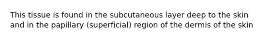 This tissue is found in the subcutaneous layer deep to the skin and in the papillary (superficial) region of the dermis of the skin