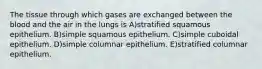 The tissue through which gases are exchanged between the blood and the air in the lungs is A)stratified squamous epithelium. B)simple squamous epithelium. C)simple cuboidal epithelium. D)simple columnar epithelium. E)stratified columnar epithelium.