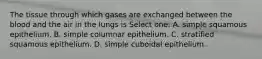 The tissue through which gases are exchanged between the blood and the air in the lungs is Select one: A. simple squamous epithelium. B. simple columnar epithelium. C. stratified squamous epithelium. D. simple cuboidal epithelium.
