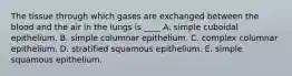 The tissue through which gases are exchanged between the blood and the air in the lungs is ____ A. simple cuboidal epithelium. B. simple columnar epithelium. C. complex columnar epithelium. D. stratified squamous epithelium. E. simple squamous epithelium.