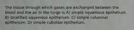 The tissue through which gases are exchanged between the blood and the air in the lungs is A) simple squamous epithelium. B) stratified squamous epithelium. C) simple columnar epithelium. D) simple cuboidal epithelium.