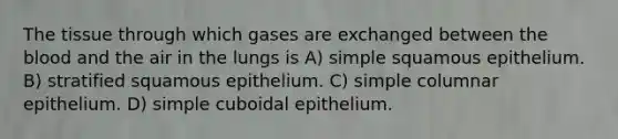 The tissue through which gases are exchanged between the blood and the air in the lungs is A) simple squamous epithelium. B) stratified squamous epithelium. C) simple columnar epithelium. D) simple cuboidal epithelium.