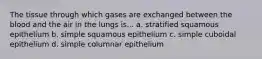 The tissue through which gases are exchanged between the blood and the air in the lungs is... a. stratified squamous epithelium b. simple squamous epithelium c. simple cuboidal epithelium d. simple columnar epithelium