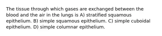 The tissue through which gases are exchanged between the blood and the air in the lungs is A) stratified squamous epithelium. B) simple squamous epithelium. C) simple cuboidal epithelium. D) simple columnar epithelium.