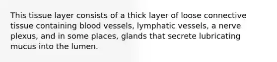 This tissue layer consists of a thick layer of loose <a href='https://www.questionai.com/knowledge/kYDr0DHyc8-connective-tissue' class='anchor-knowledge'>connective tissue</a> containing <a href='https://www.questionai.com/knowledge/kZJ3mNKN7P-blood-vessels' class='anchor-knowledge'>blood vessels</a>, <a href='https://www.questionai.com/knowledge/ki6sUebkzn-lymphatic-vessels' class='anchor-knowledge'>lymphatic vessels</a>, a nerve plexus, and in some places, glands that secrete lubricating mucus into the lumen.