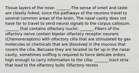 Tissue layers of the nose: _______-The sense of smell and taste are clesely linked, since the pathways of the neurons travel to several common areas of the brain. The nasal cavity does not have far to travel to send neural signals to the corpus callosum. _______ that contains olfactory nuclei; _______-Fibers of the olfactory nerve contain bipolar olfactory receptor neurons (Chemoreceptors) with olfactory cilia that are stimulated by gas molecules or chemicals that are dissolved in the mucous that covers the cilia. Becuase they are located so far up in the nasal cavity, sometimes sniffing is required to force delicate ordors high enough to carry information to the cilia; _______ tract stria that lead to the olfactory bulb; Olfactory recess