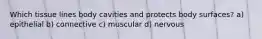 Which tissue lines body cavities and protects body surfaces? a) epithelial b) connective c) muscular d) nervous