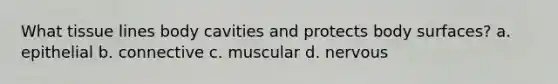 What tissue lines body cavities and protects body surfaces? a. epithelial b. connective c. muscular d. nervous