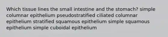 Which tissue lines the small intestine and the stomach? simple columnar epithelium pseudostratified ciliated columnar epithelium stratified squamous epithelium simple squamous epithelium simple cuboidal epithelium