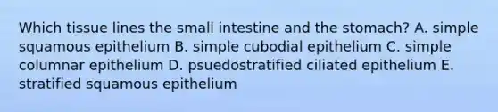 Which tissue lines the small intestine and the stomach? A. simple squamous epithelium B. simple cubodial epithelium C. simple columnar epithelium D. psuedostratified ciliated epithelium E. stratified squamous epithelium