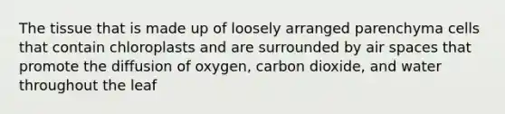 The tissue that is made up of loosely arranged parenchyma cells that contain chloroplasts and are surrounded by air spaces that promote the diffusion of oxygen, carbon dioxide, and water throughout the leaf