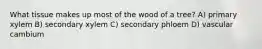 What tissue makes up most of the wood of a tree? A) primary xylem B) secondary xylem C) secondary phloem D) vascular cambium