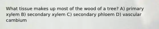 What tissue makes up most of the wood of a tree? A) primary xylem B) secondary xylem C) secondary phloem D) vascular cambium