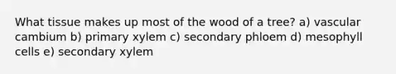 What tissue makes up most of the wood of a tree? a) vascular cambium b) primary xylem c) secondary phloem d) mesophyll cells e) secondary xylem