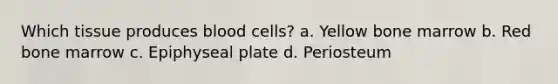 Which tissue produces blood cells? a. Yellow bone marrow b. Red bone marrow c. Epiphyseal plate d. Periosteum