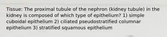 Tissue: The proximal tubule of the nephron (kidney tubule) in the kidney is composed of which type of epithelium? 1) simple cuboidal epithelium 2) ciliated pseudostratified columnar epithelium 3) stratified squamous epithelium