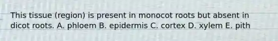 This tissue (region) is present in monocot roots but absent in dicot roots. A. phloem B. epidermis C. cortex D. xylem E. pith