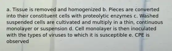 a. Tissue is removed and homogenized b. Pieces are converted into their constituent cells with proteolytic enzymes c. Washed suspended cells are cultivated and multiply in a thin, continuous monolayer or suspension d. Cell monolayer is then inoculated with the types of viruses to which it is susceptible e. CPE is observed