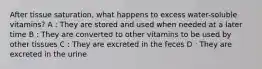 After tissue saturation, what happens to excess water-soluble vitamins? A : They are stored and used when needed at a later time B : They are converted to other vitamins to be used by other tissues C : They are excreted in the feces D : They are excreted in the urine