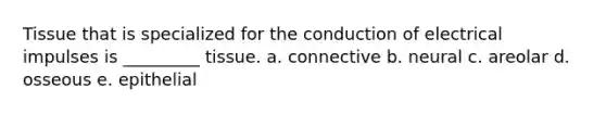 Tissue that is specialized for the conduction of electrical impulses is _________ tissue. a. connective b. neural c. areolar d. osseous e. epithelial